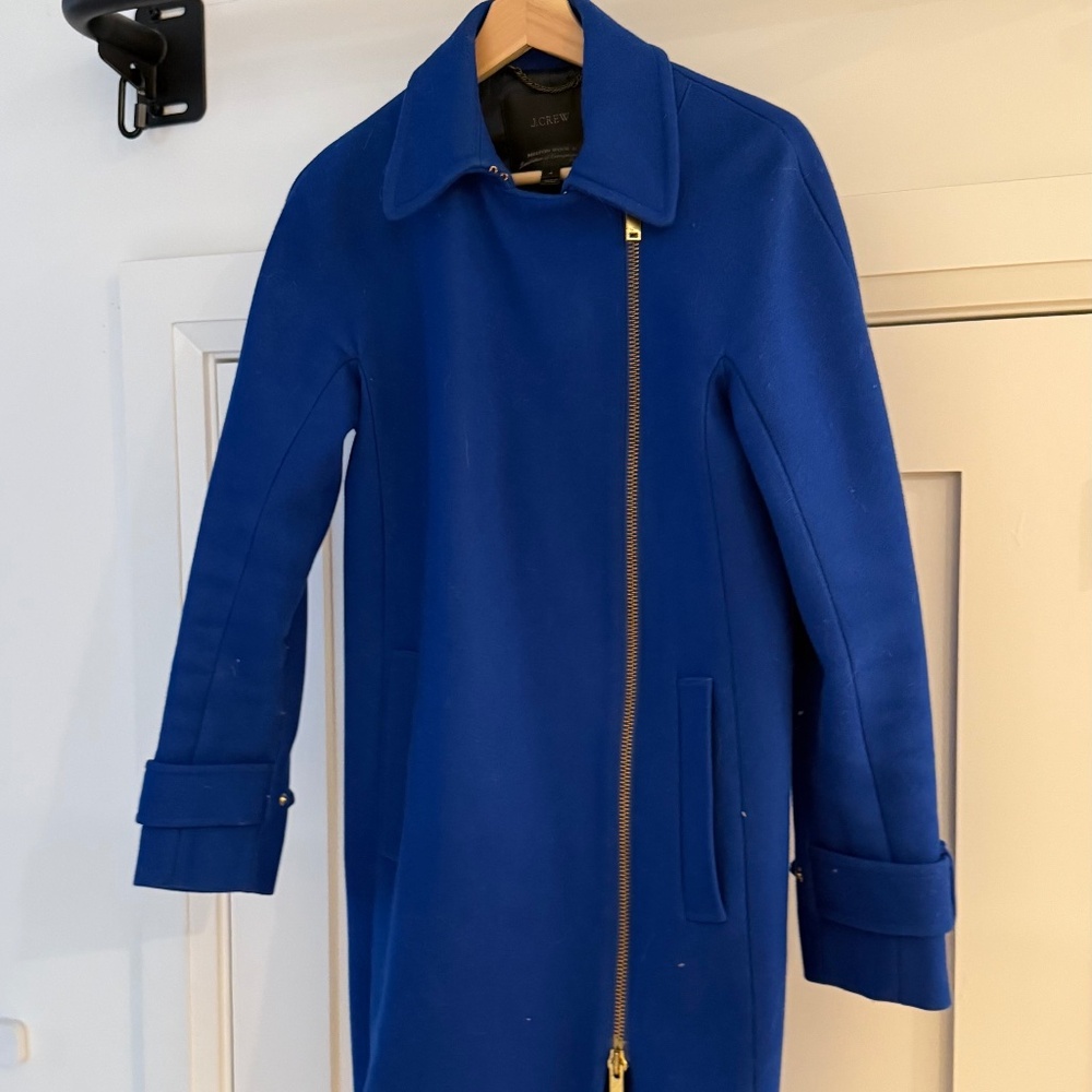 J.Crew Belted Zip Trench Coat in Cobalt Wool Melton